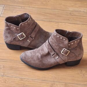 A.N.A Ana Alford Booties Brown Zip + Buckle Gold Studded Vegan Suede Boots 8M